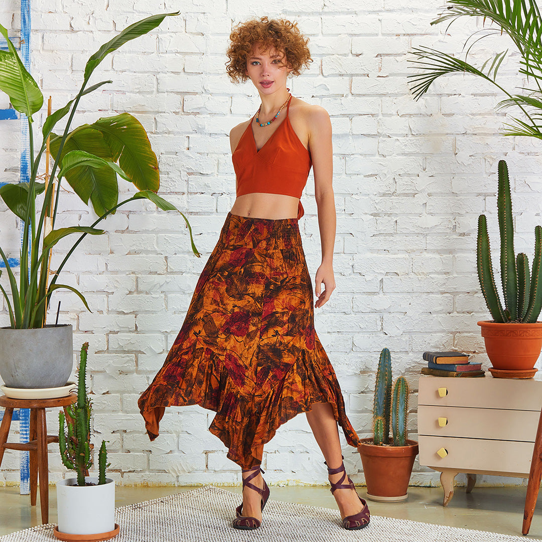 Shirred Waist Gypsy Style Ruffled Patterned Midi Skirt – Los Banditos