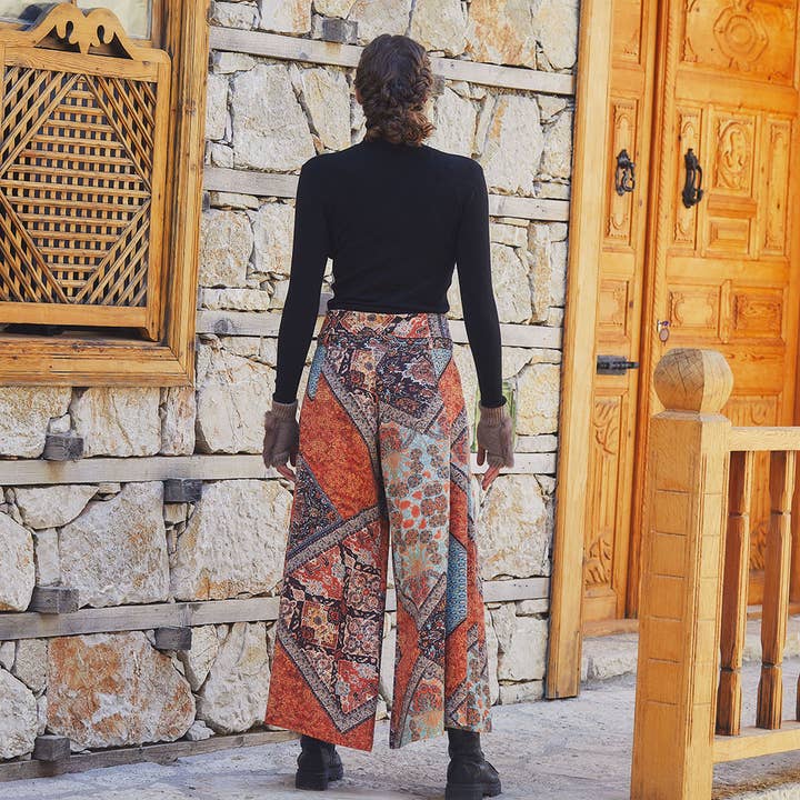 Printed Tie Waist Wide Leg Cotton Pants