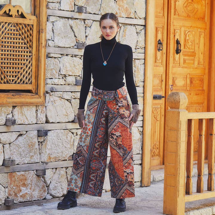 Printed Tie Waist Wide Leg Cotton Pants