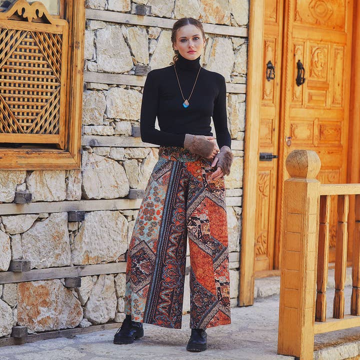 Printed Tie Waist Wide Leg Cotton Pants