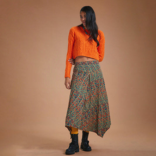 Ethnic Printed Asymmetrical Hem Flared Midi Skirt