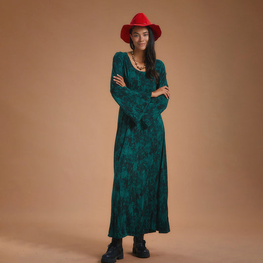 Boat Neck Green Pattern Gypsy Style Long Dress