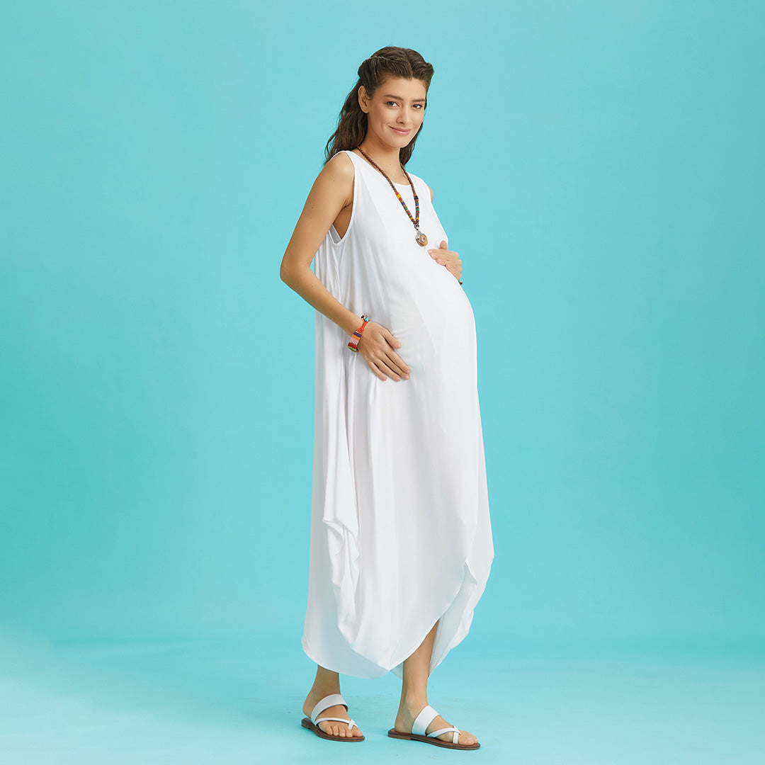 Sleeveless Front Layered White Baggy Maternity Dress