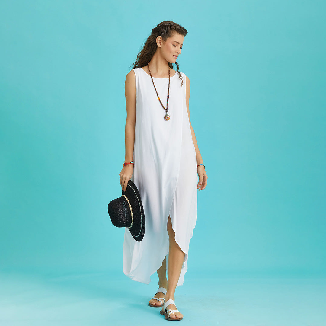 Sleeveless Front Layered White Baggy Summer Dress