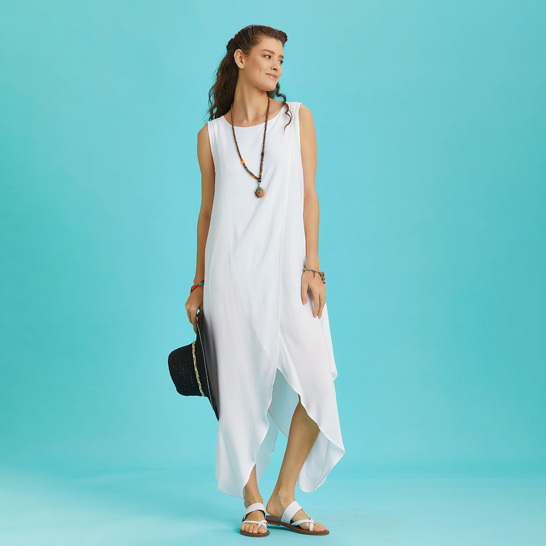 Sleeveless Front Layered White Baggy Summer Dress