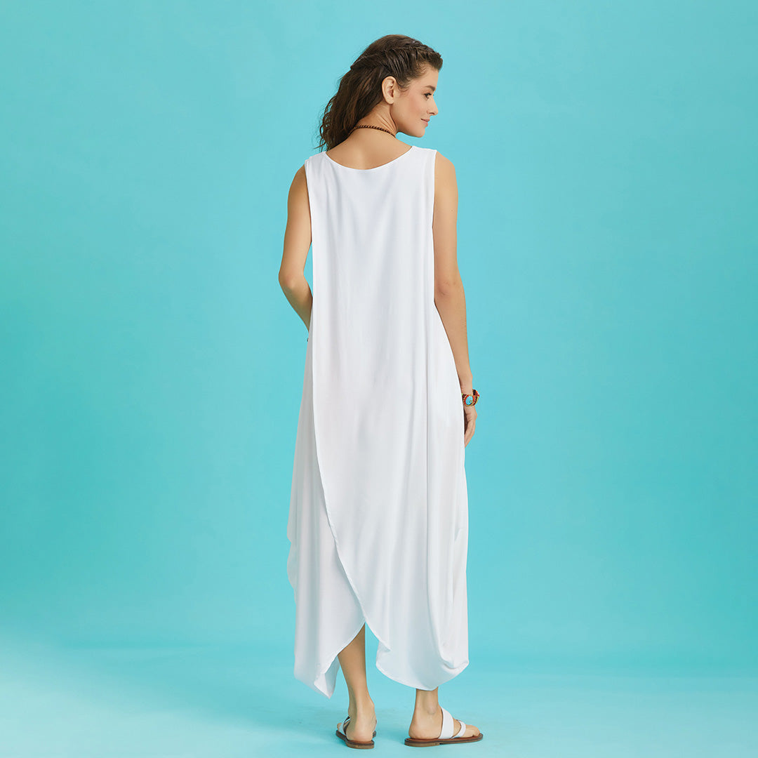 Sleeveless Front Layered White Baggy Summer Dress