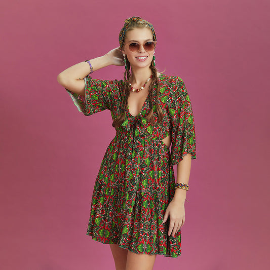 Frill Hem Tie Front Green Print Short Summer Dress