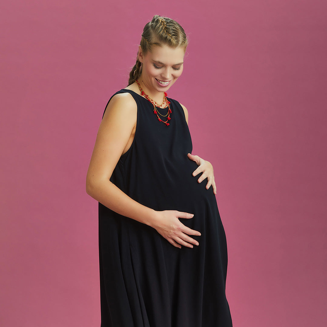 Sleeveless Front Layered Black Baggy Maternity Dress