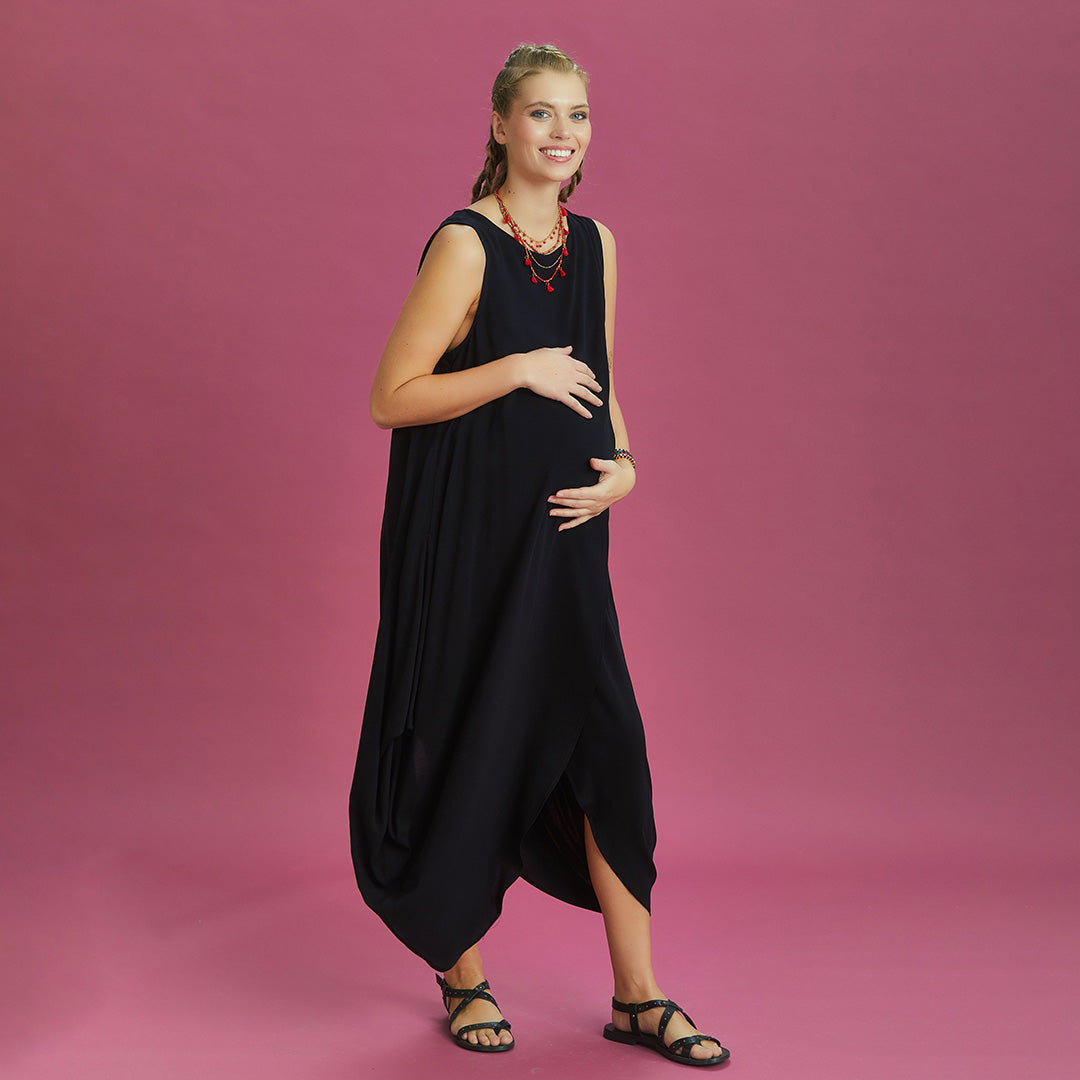 Sleeveless Front Layered Black Baggy Maternity Dress