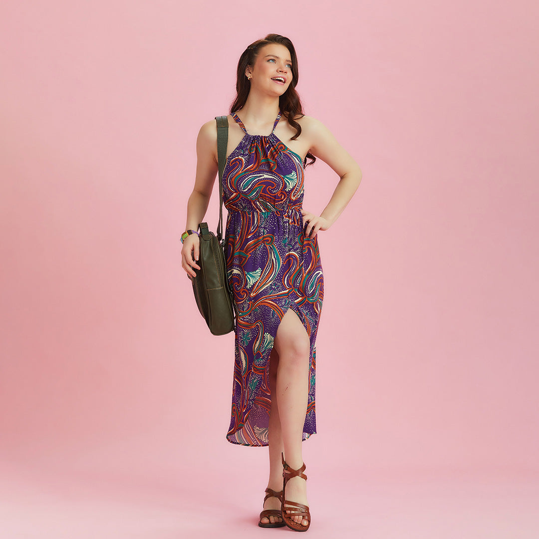 Purple Patterned Halter Neck Summer Dress