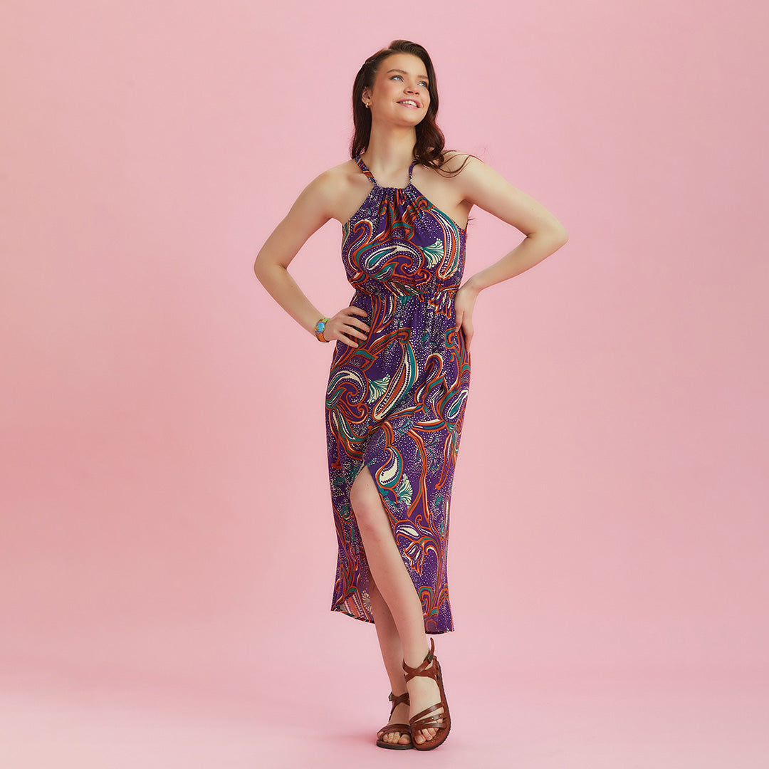 Purple Patterned Halter Neck Summer Dress