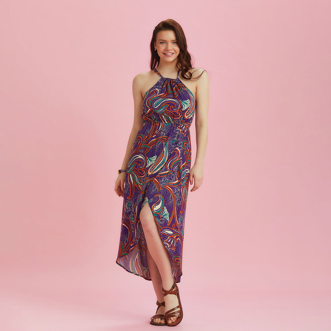 Purple Patterned Halter Neck Summer Dress