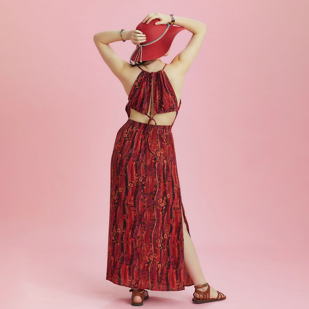 Open Back Halter Neck Red Printed Slit Sundress