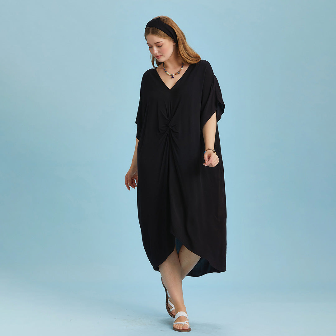 Twist Front Loose Black Bat Wing Plus Size Dress