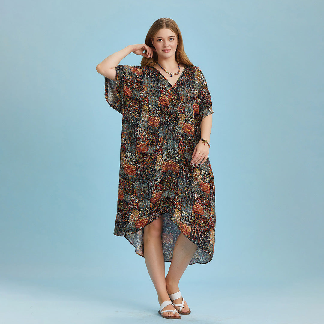 Twist Front Loose Khaki Bat Wing Plus Size Dress