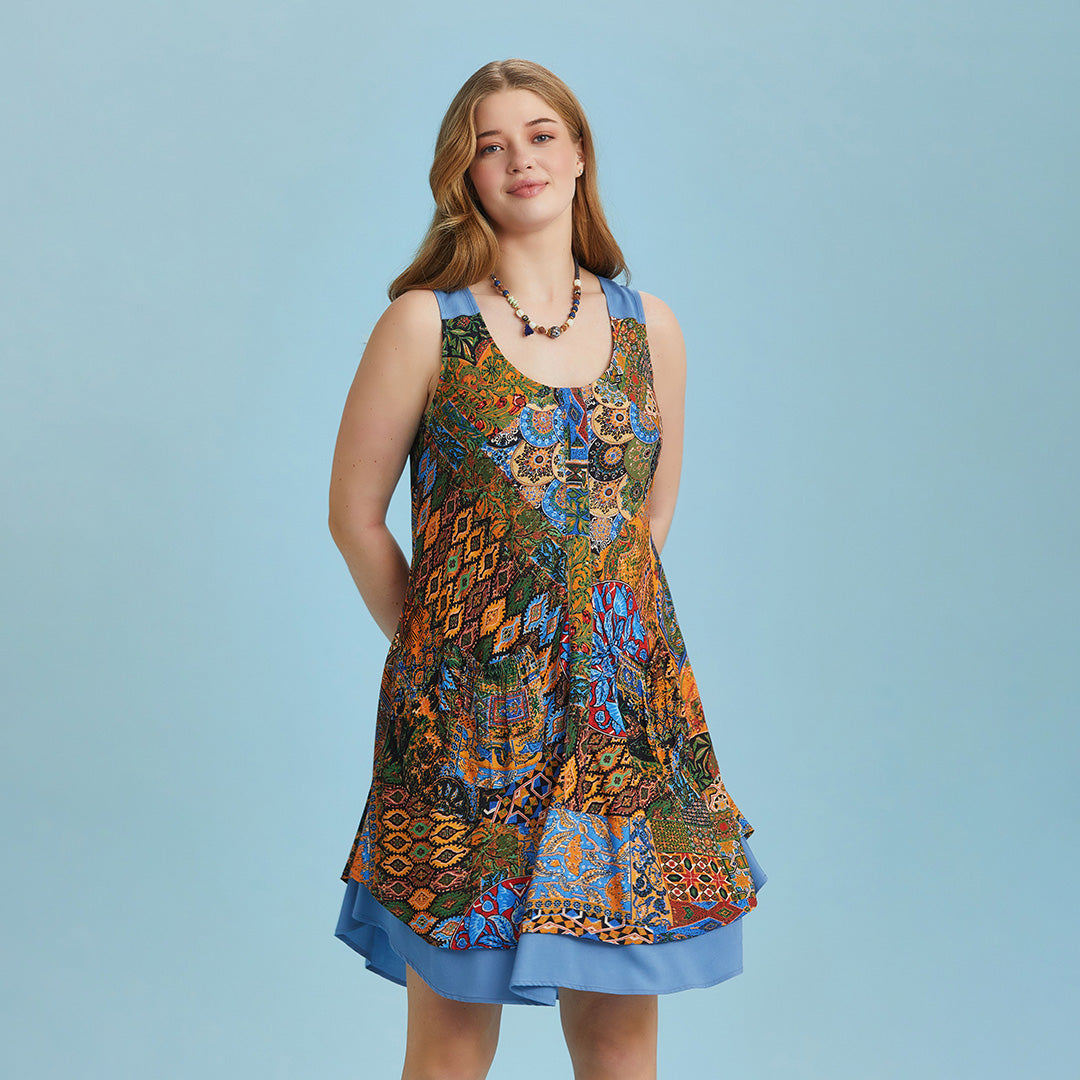 Plus Size Front Pocket Detail Green Print Sundress