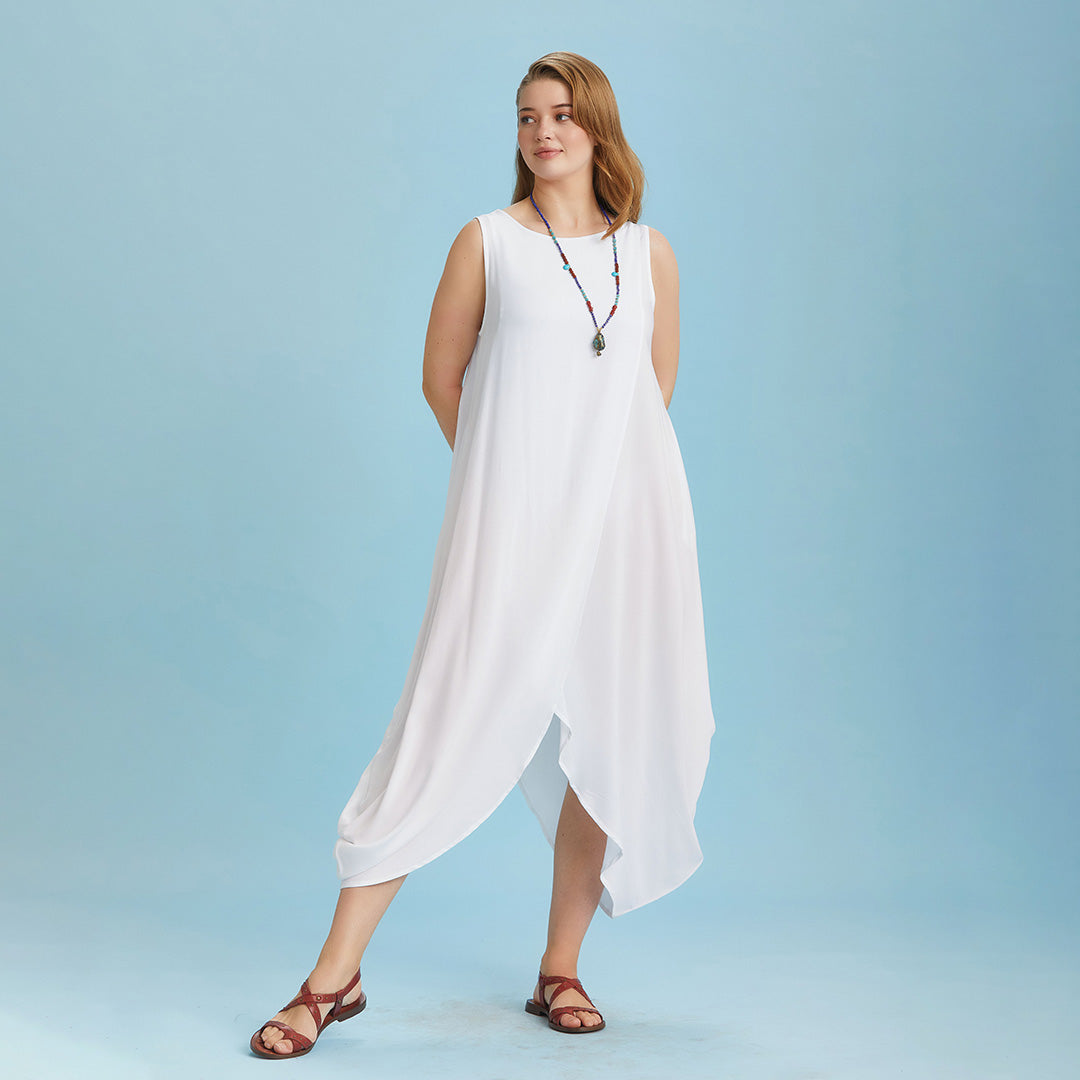 Sleeveless Front Layered White Baggy Plus Size Dress