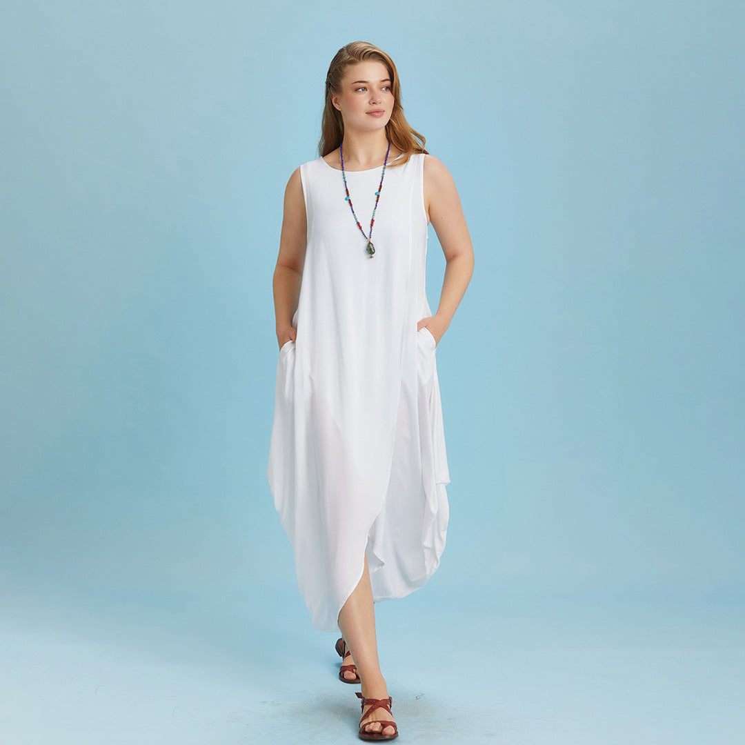 Sleeveless Front Layered White Baggy Plus Size Dress