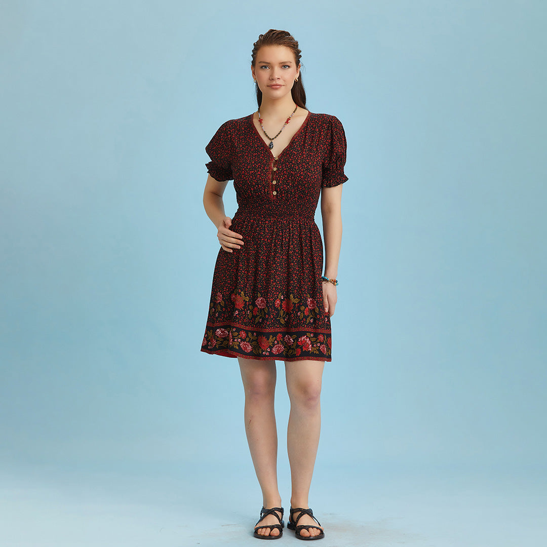 V Necklined Red Rose Print Puff Sleeve Short Dress