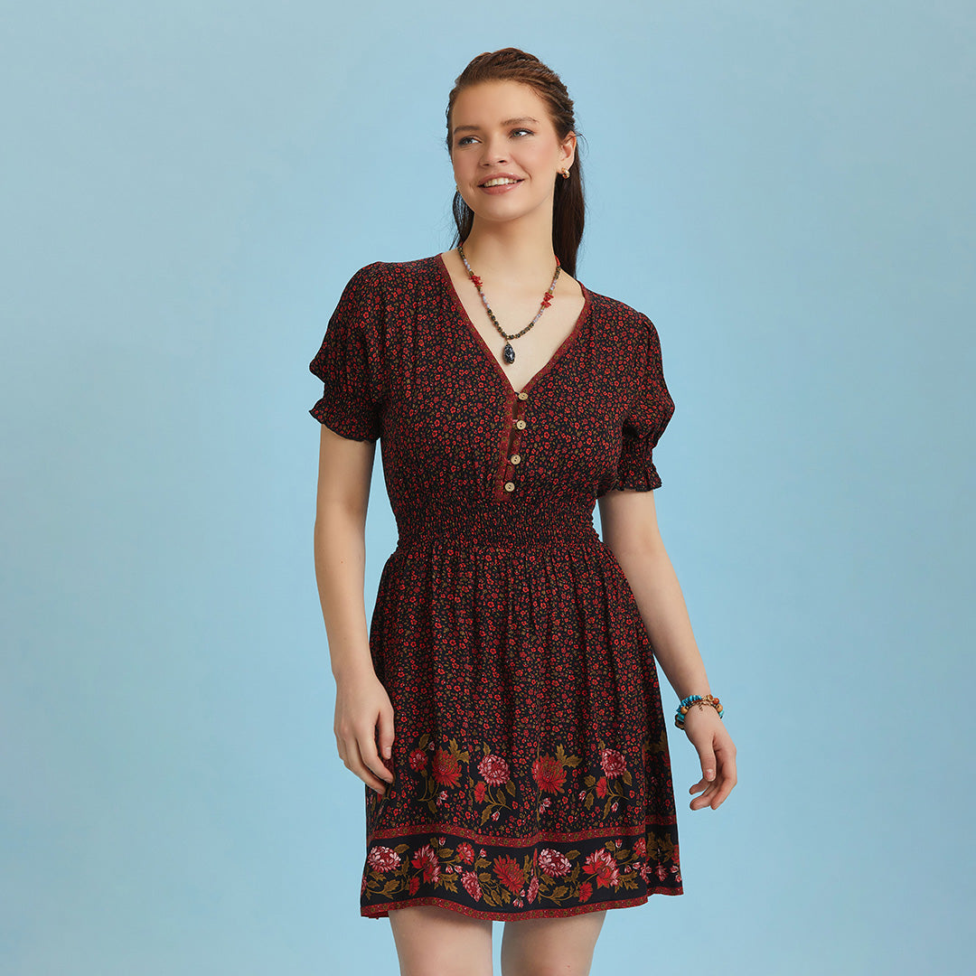 V Necklined Red Rose Print Puff Sleeve Short Dress