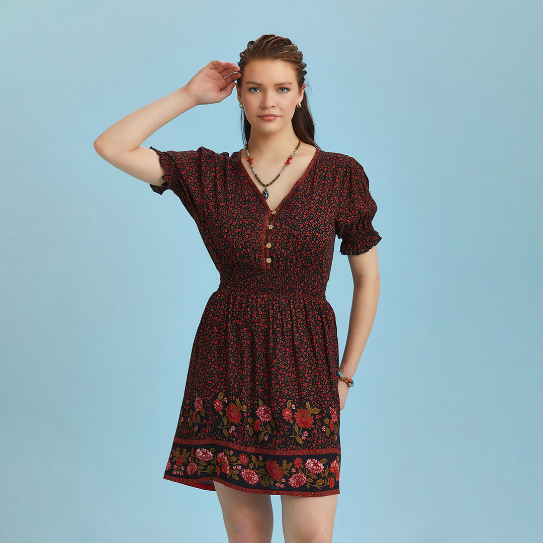 V Necklined Red Rose Print Puff Sleeve Short Dress