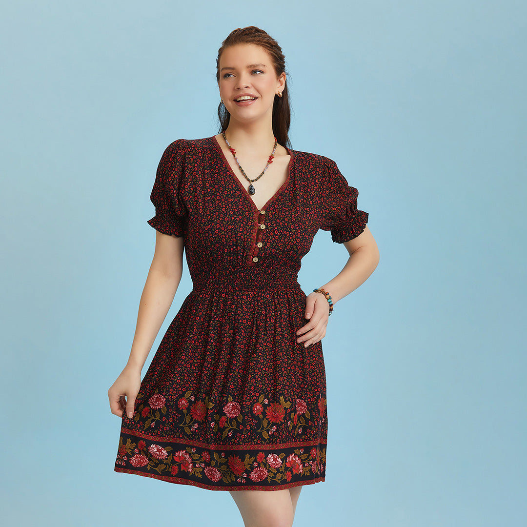 V Necklined Red Rose Print Puff Sleeve Short Dress