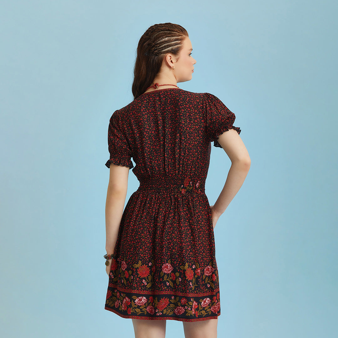 V Necklined Red Rose Print Puff Sleeve Short Dress