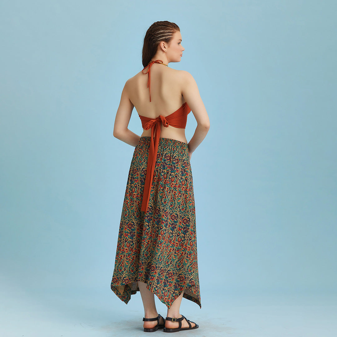 Ethnic Printed Asymmetrical Hem Flared Midi Skirt