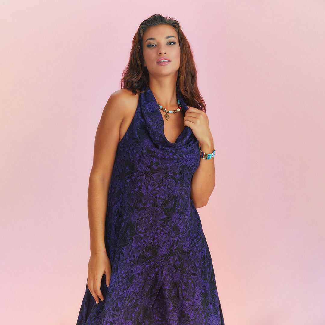 Bohemian Stylish Authentic Degaje Neck Purple Patterned Dress