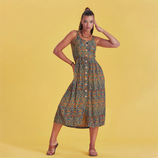 Boho Style Buttoned Wide Strap Long Petrol Patterned Dress