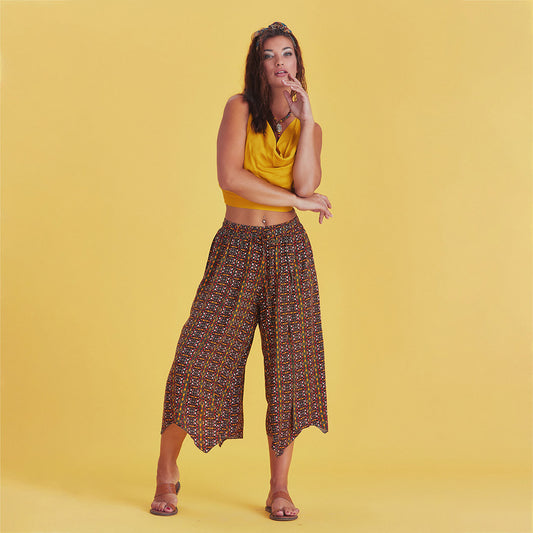 Mustard Patterned Bohemian Split Front Palazzo Pants