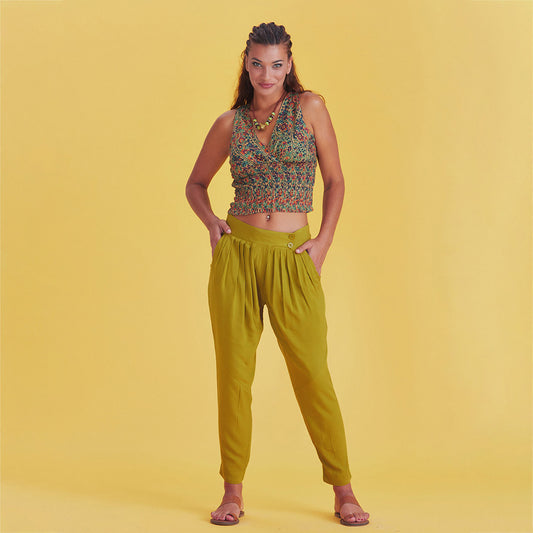 Boho Casual Drop Crotch Olive Pleated Pants