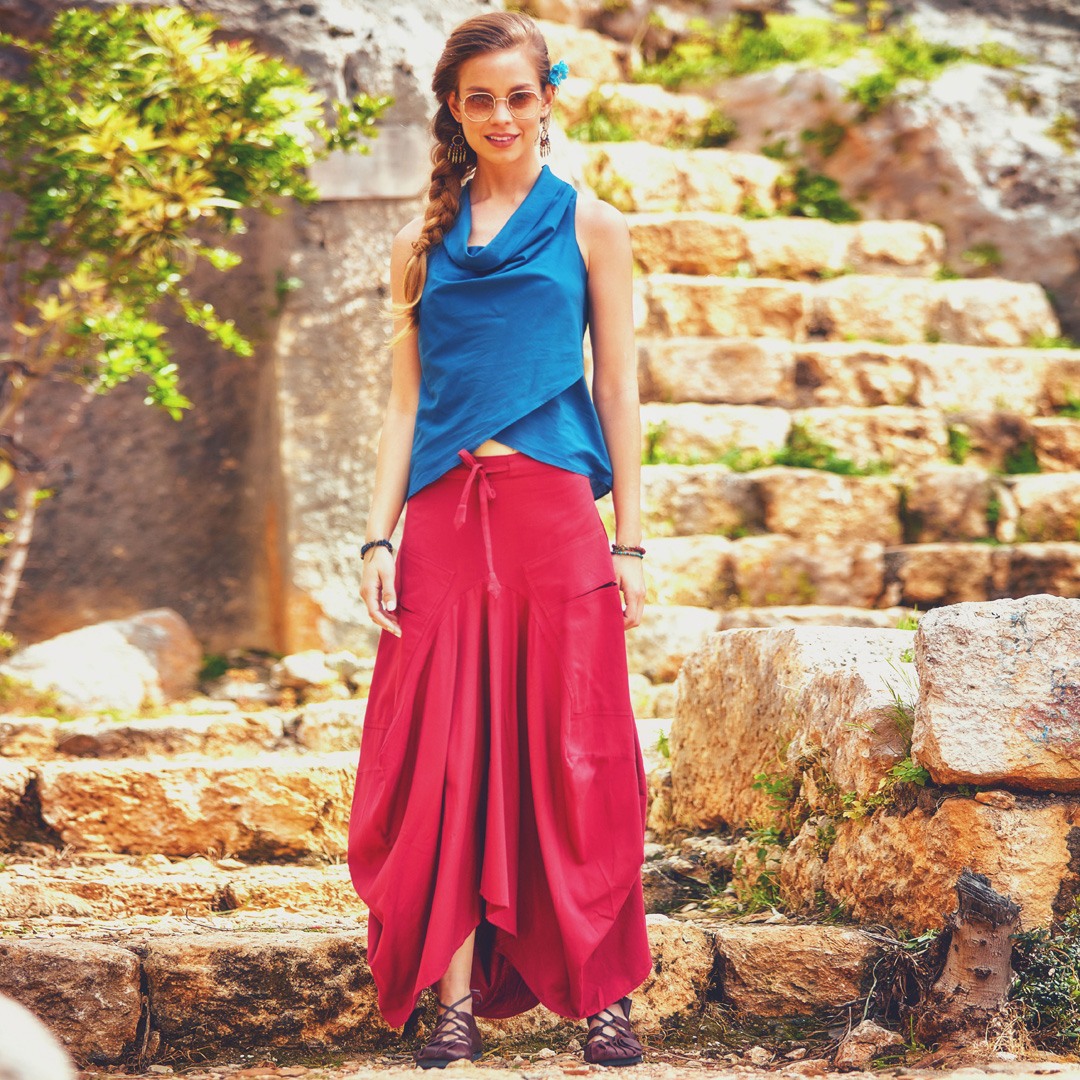 Gypsy Style Oversized Pocket Detailed Long Cotton Skirt