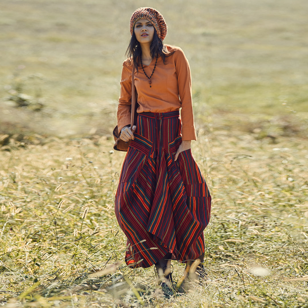 Elastic Waist Oversize Pocket Detail Striped Long Skirt