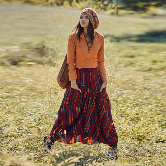 Elastic Waist Oversize Pocket Detail Striped Long Skirt