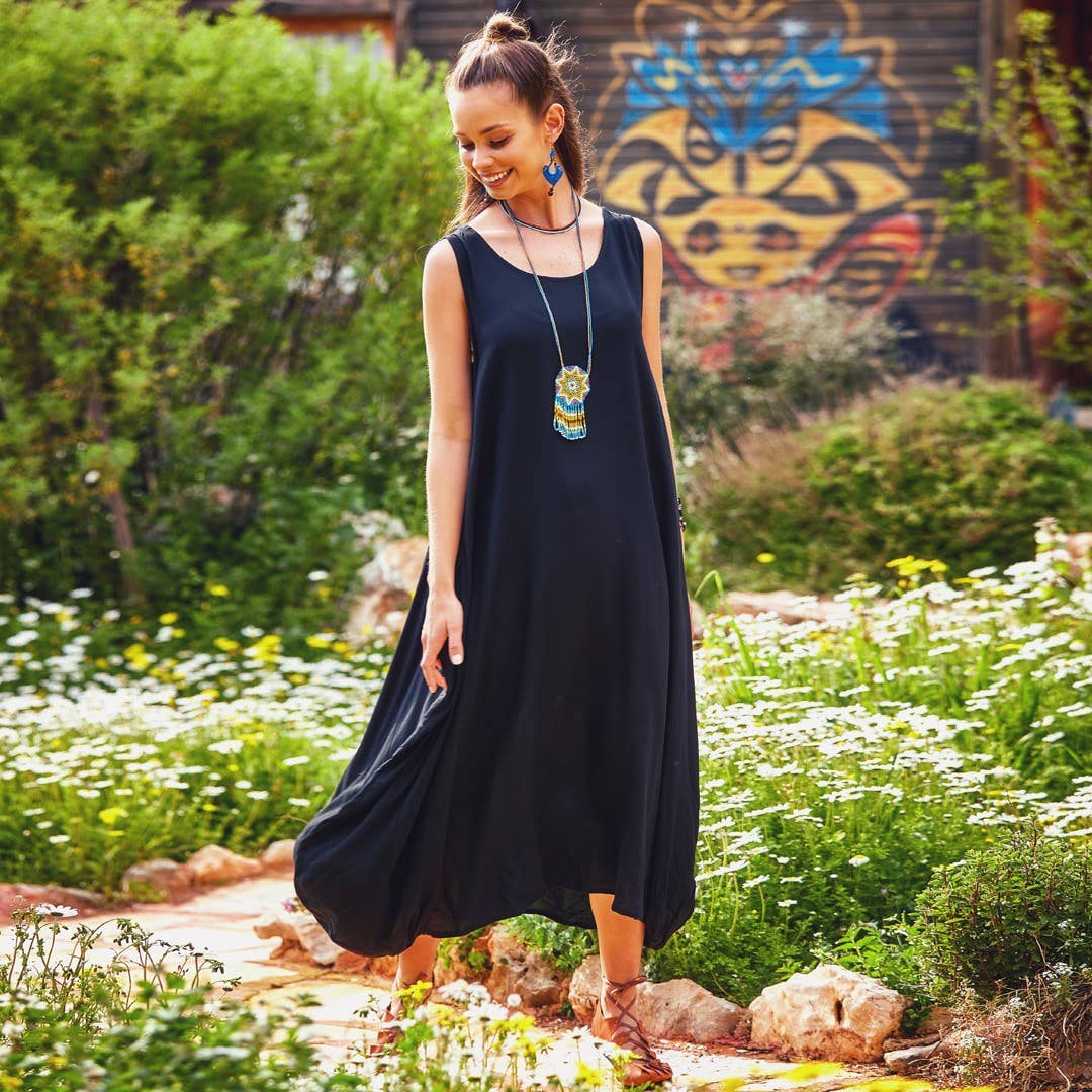 Sleeveless Pocket Detailed Boho Black Loose Fit Long Dress Los Banditos