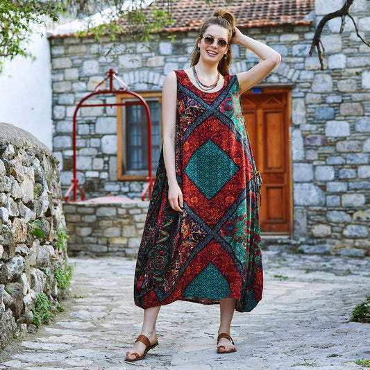 Ethnic Print Pocket Detailed Scoop Neck Loose Fit Maxi Dress