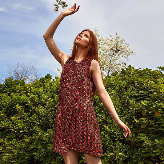 Front Layer Detailed Sleeveless Short Red Pattern Dress